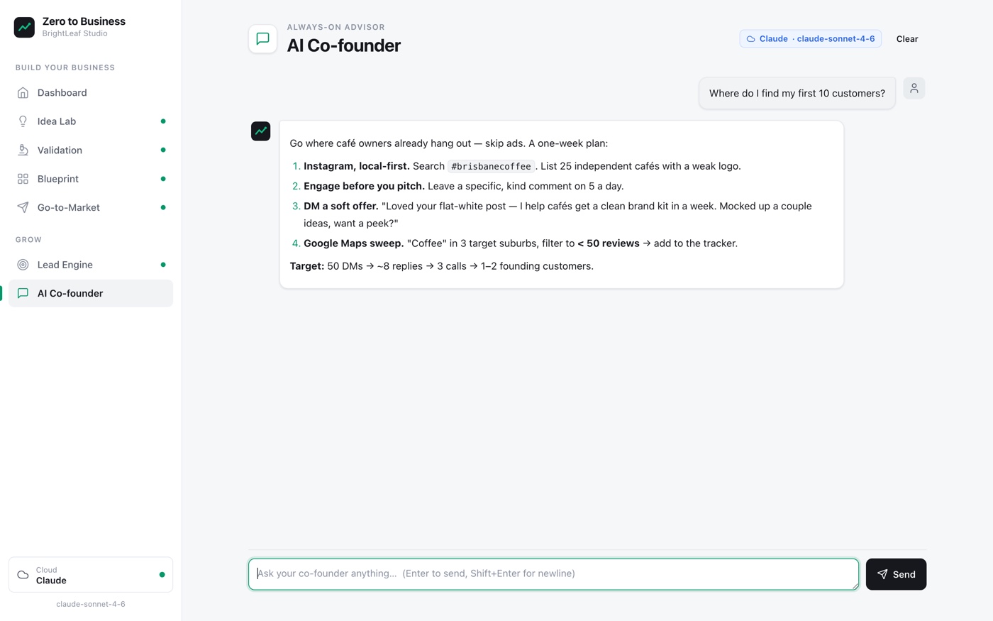 The AI Co-founder chat answering where to find the first ten customers, with a concrete plan