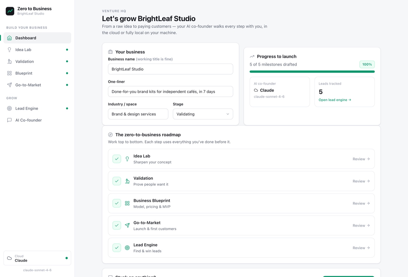 The Zero to Business dashboard, with the business profile, progress to launch, and the zero to business roadmap