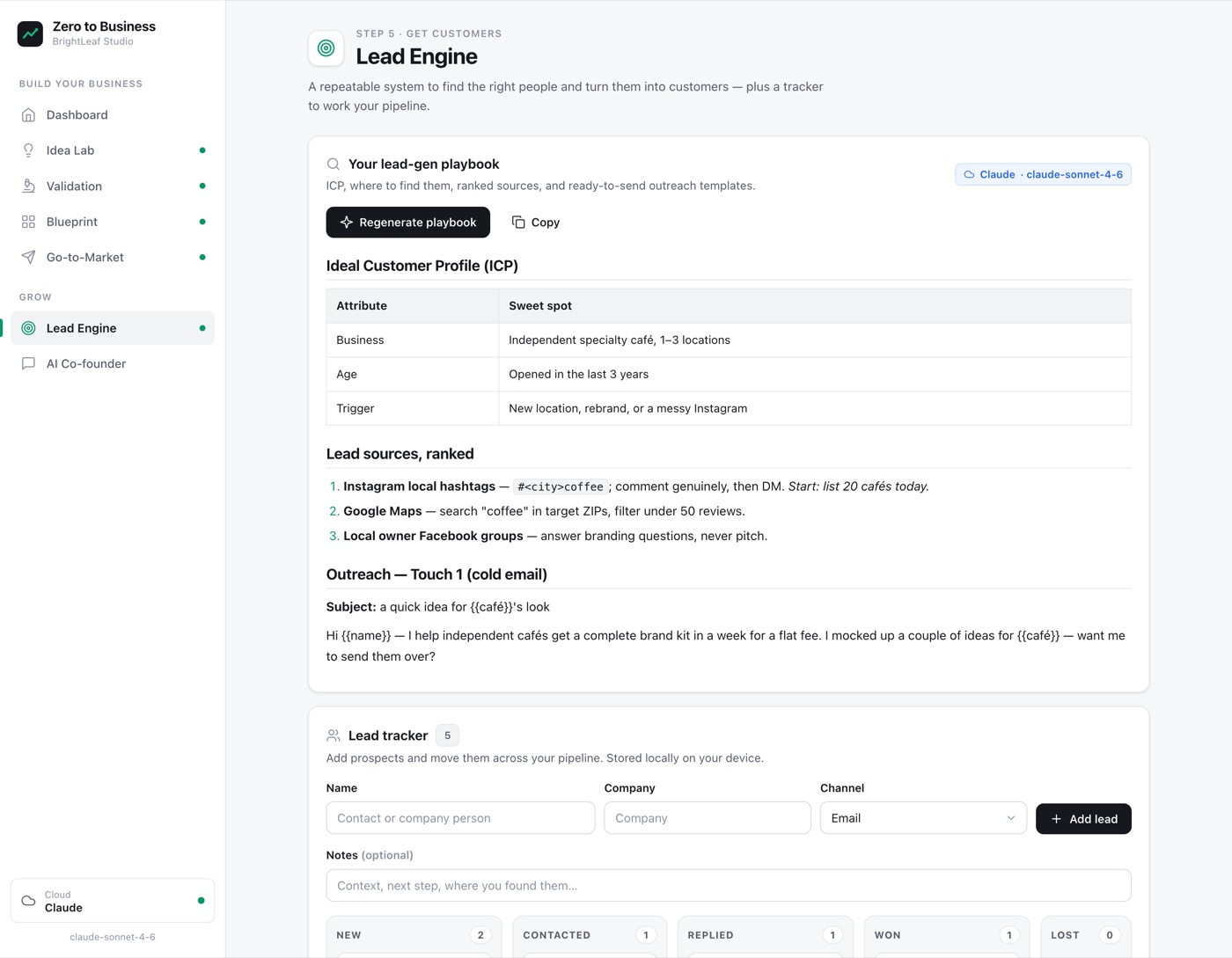 The Lead Engine, with an ideal customer profile, ranked lead sources, outreach templates and a pipeline tracker