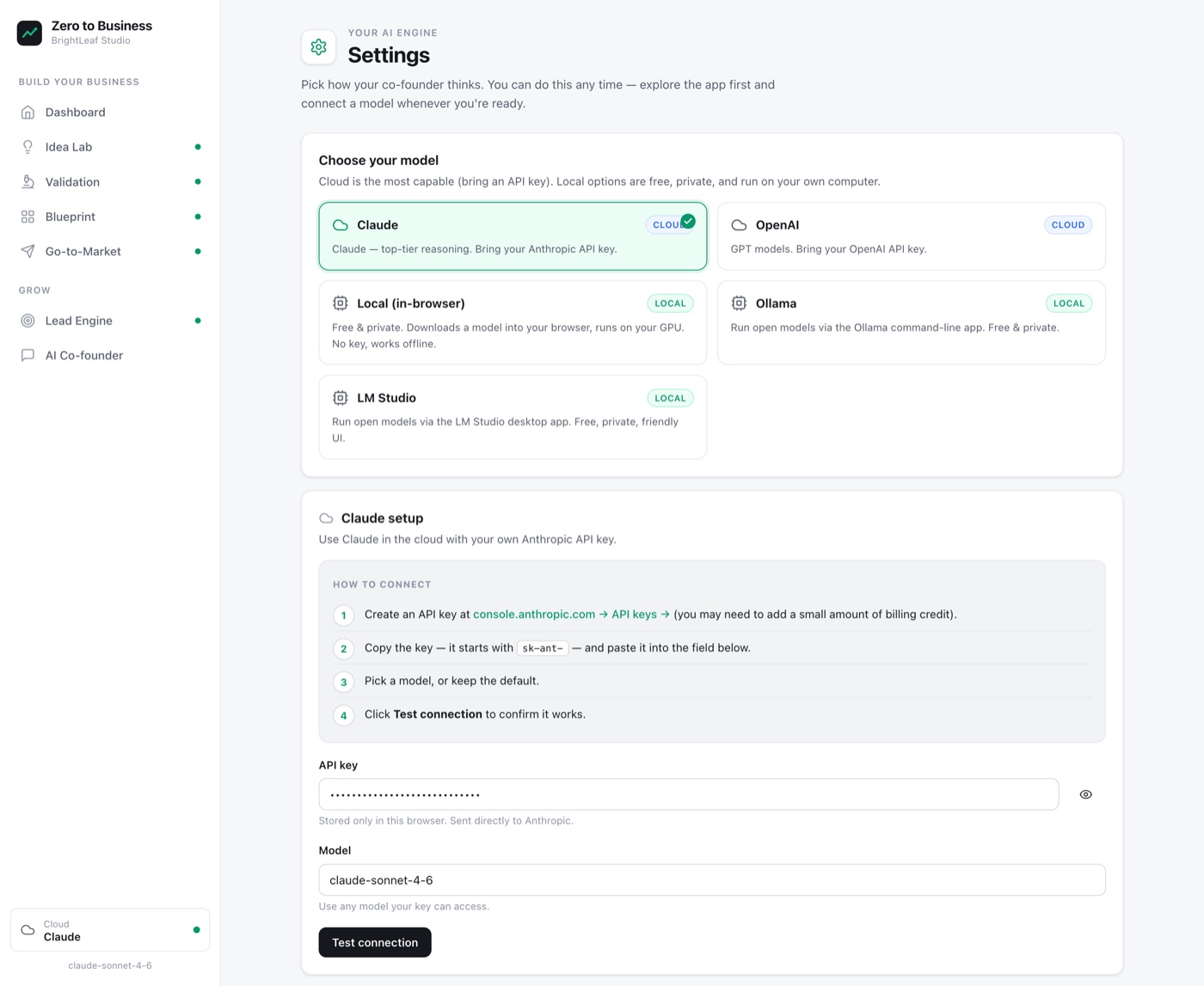 The settings screen, choosing between cloud and local AI models in one click