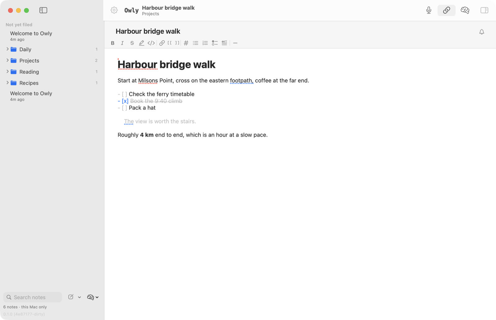 Owly on macOS: a sidebar of folders on the left and a note titled Harbour bridge walk open in the editor, with a heading, a checklist and a quote.