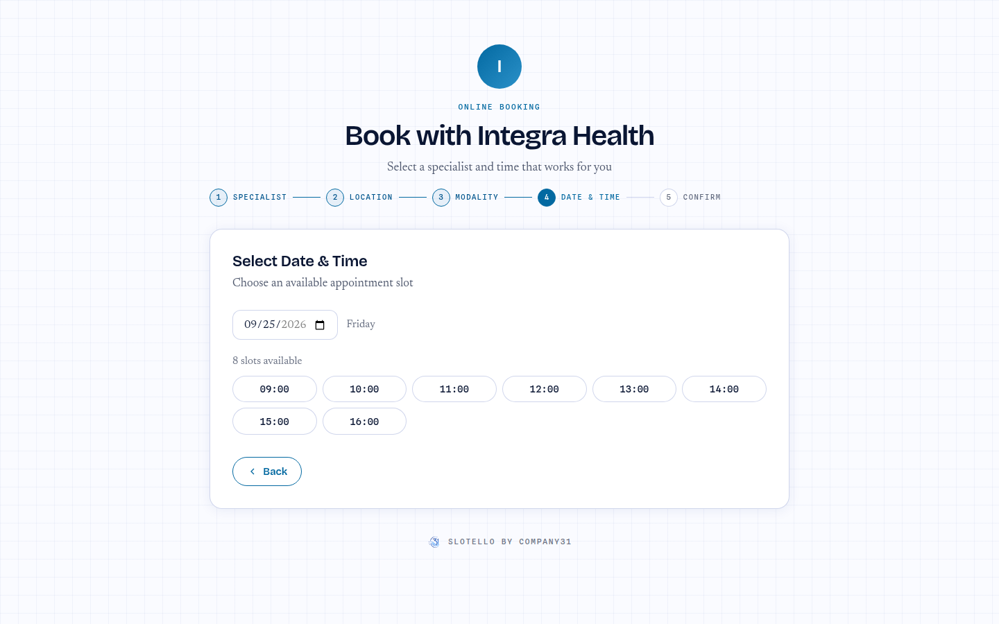 Step four of the booking page: a date picker set to Friday, and eight available hourly times from 09:00 to 16:00.